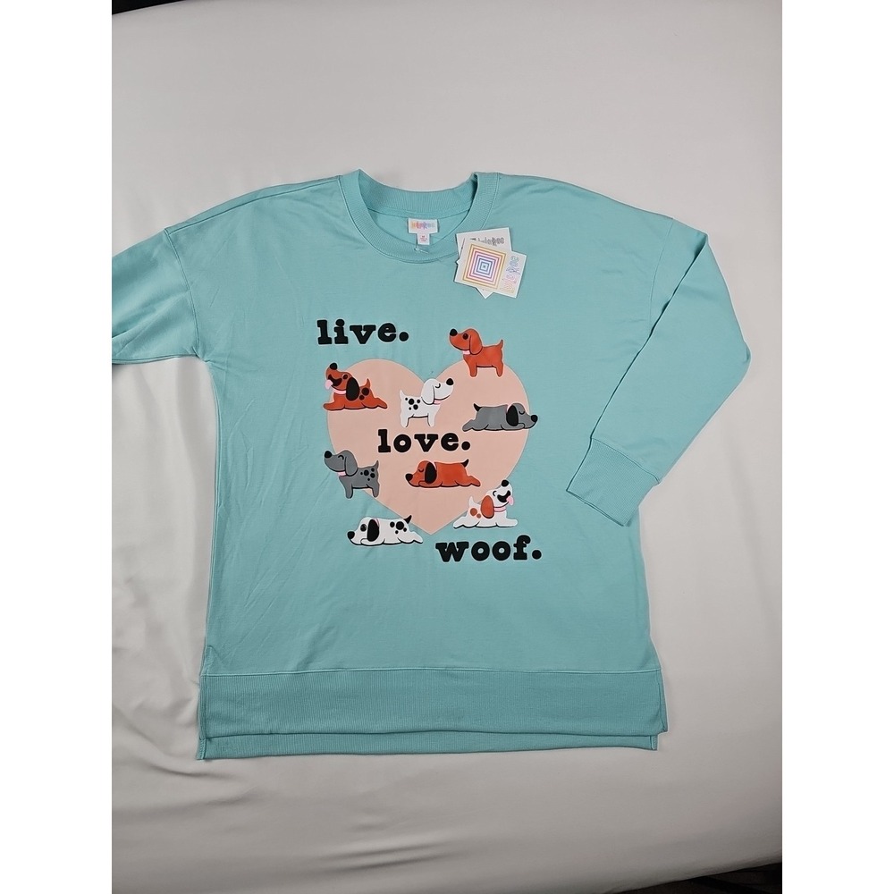 Medium LuLaRoe‎ HANNAH Sweatshirt Aqua Live Love Woof Dogs